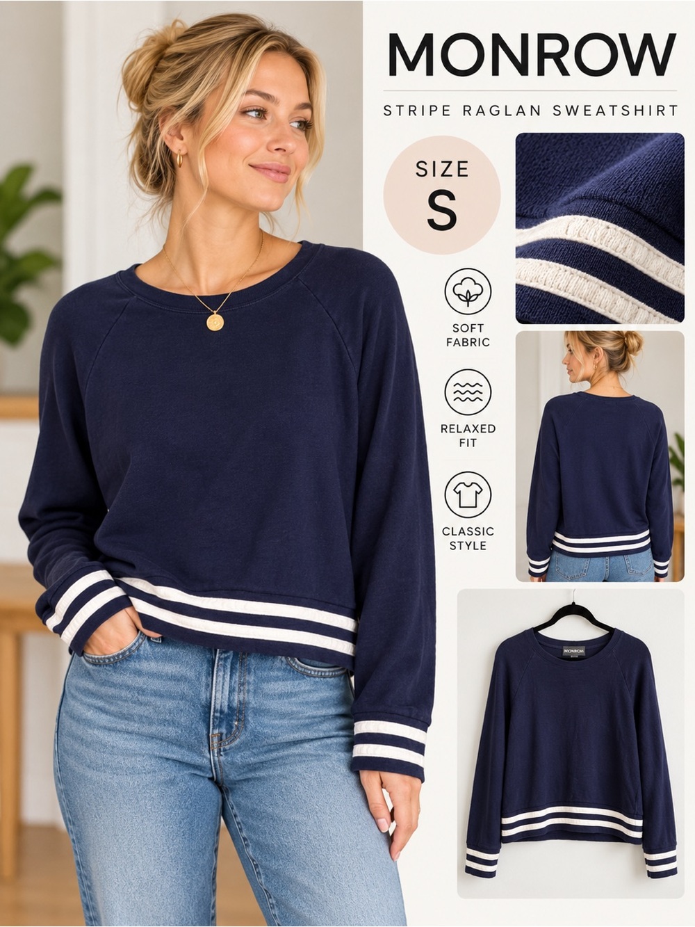 MONROW Navy Blue Varsity Stripe Raglan Sweatshirt Size Small
